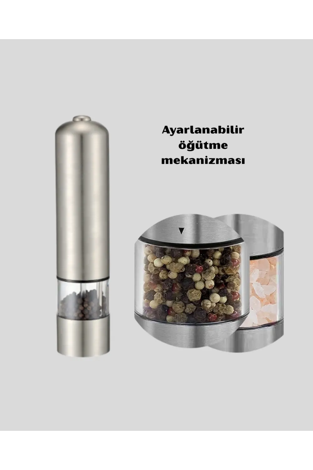 Modern Otomatik Baharat Öğütücü Seti – Pilli, Paslanmaz Çelik, Led Aydınlatmalı