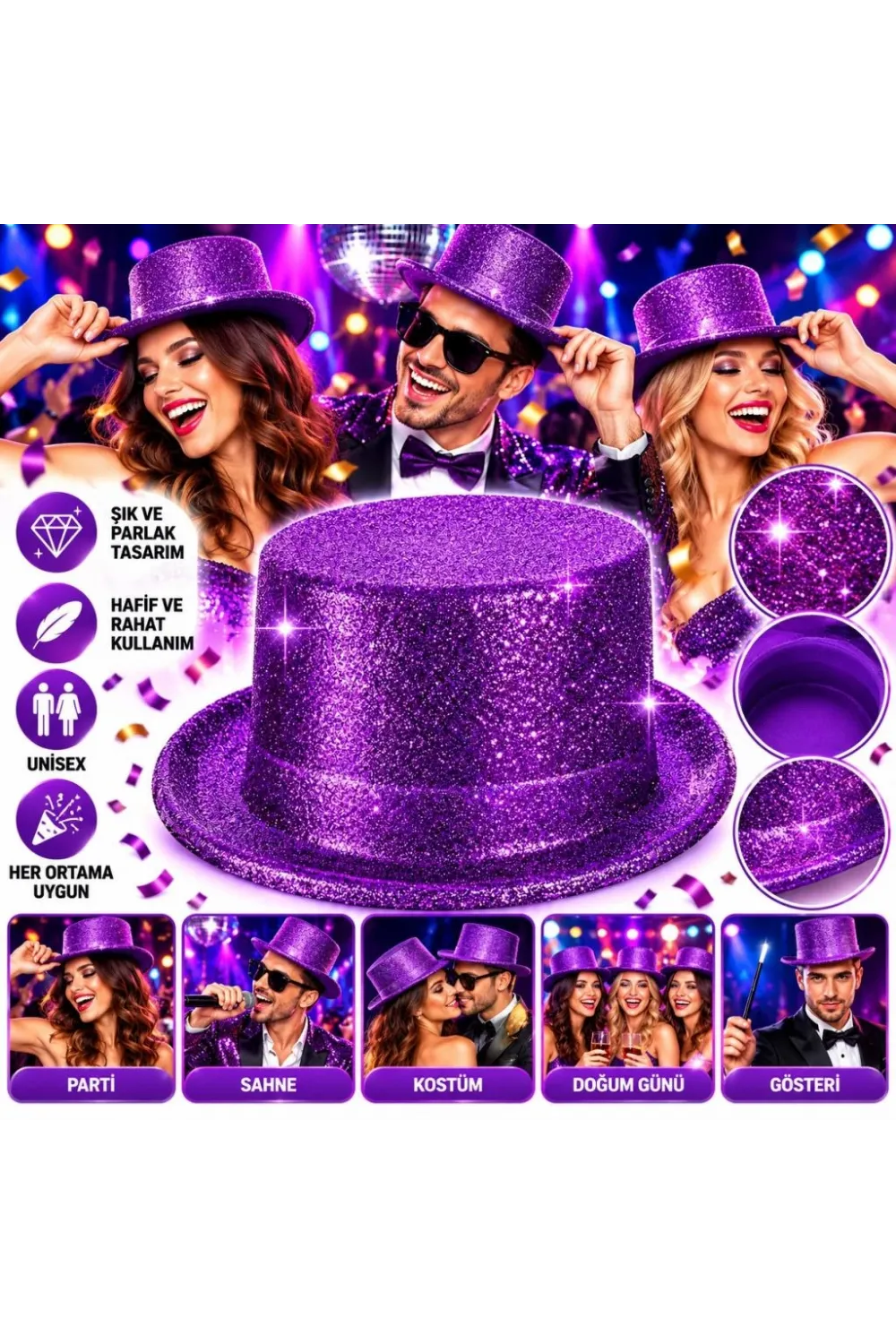 Mor Simli Glitter Silindir Parti Şapkası