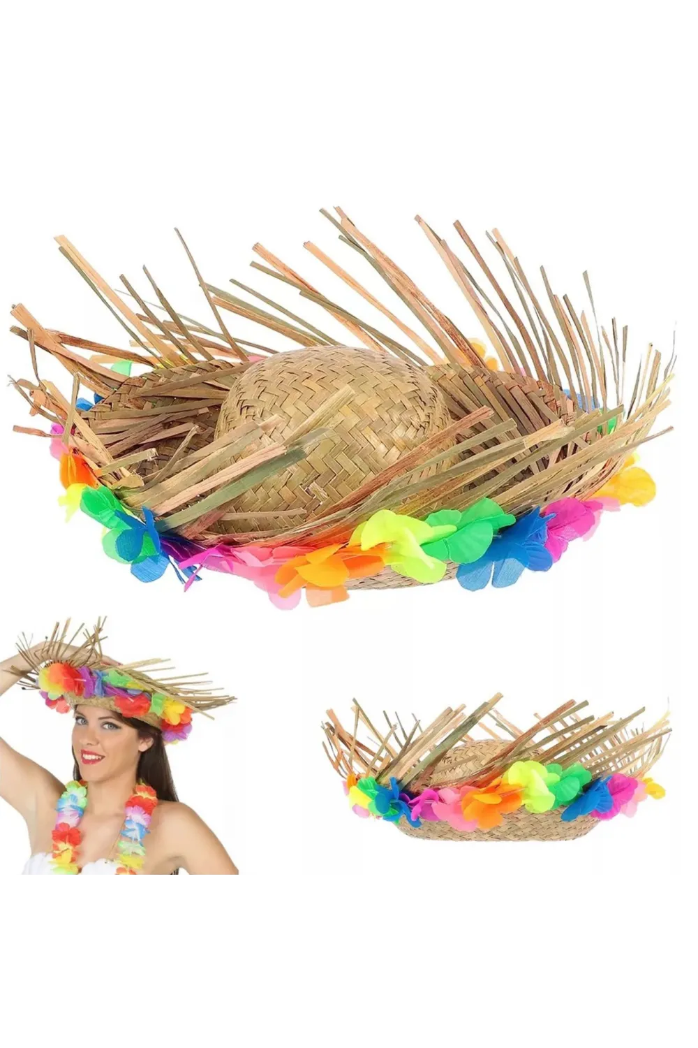 Naturel Renk Püsküllü Örme Hasır Hawaii Luau Aloha Şapka 13x36 cm