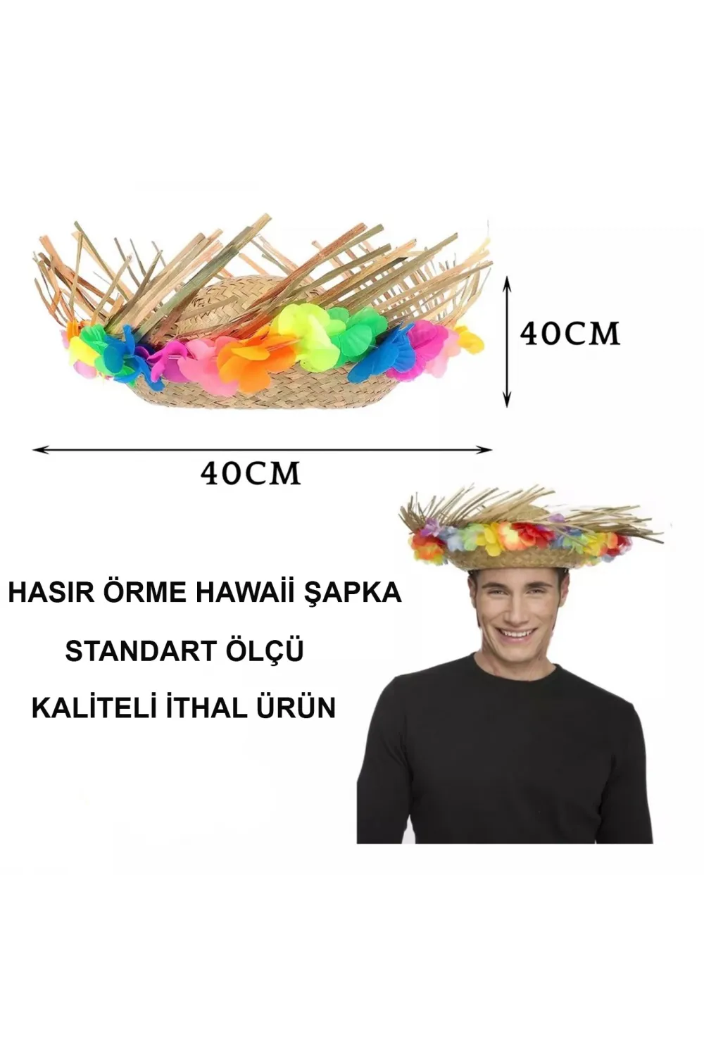 Naturel Renk Püsküllü Örme Hasır Hawaii Luau Aloha Şapka 13x36 cm