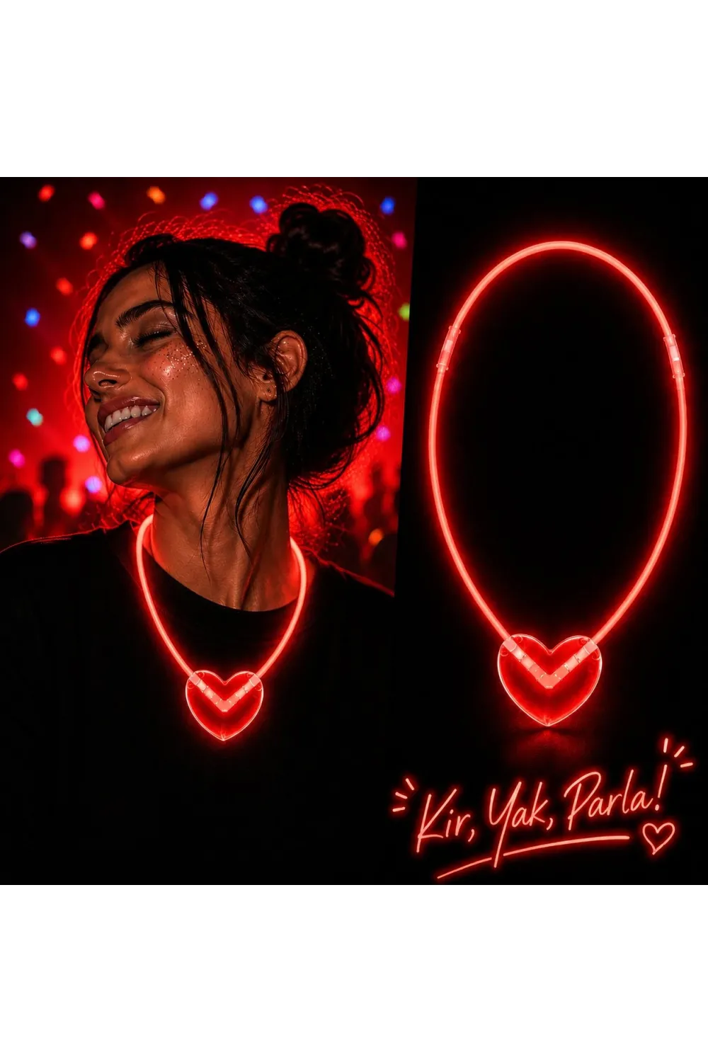 Neon Işıklı Fosforlu Kalp Parti Kolyesi Kırmızı Renk