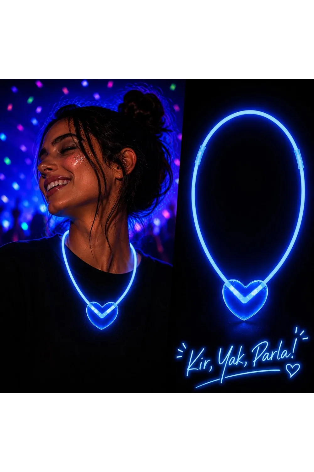 Neon Işıklı Fosforlu Kalp Parti Kolyesi Mavi Renk