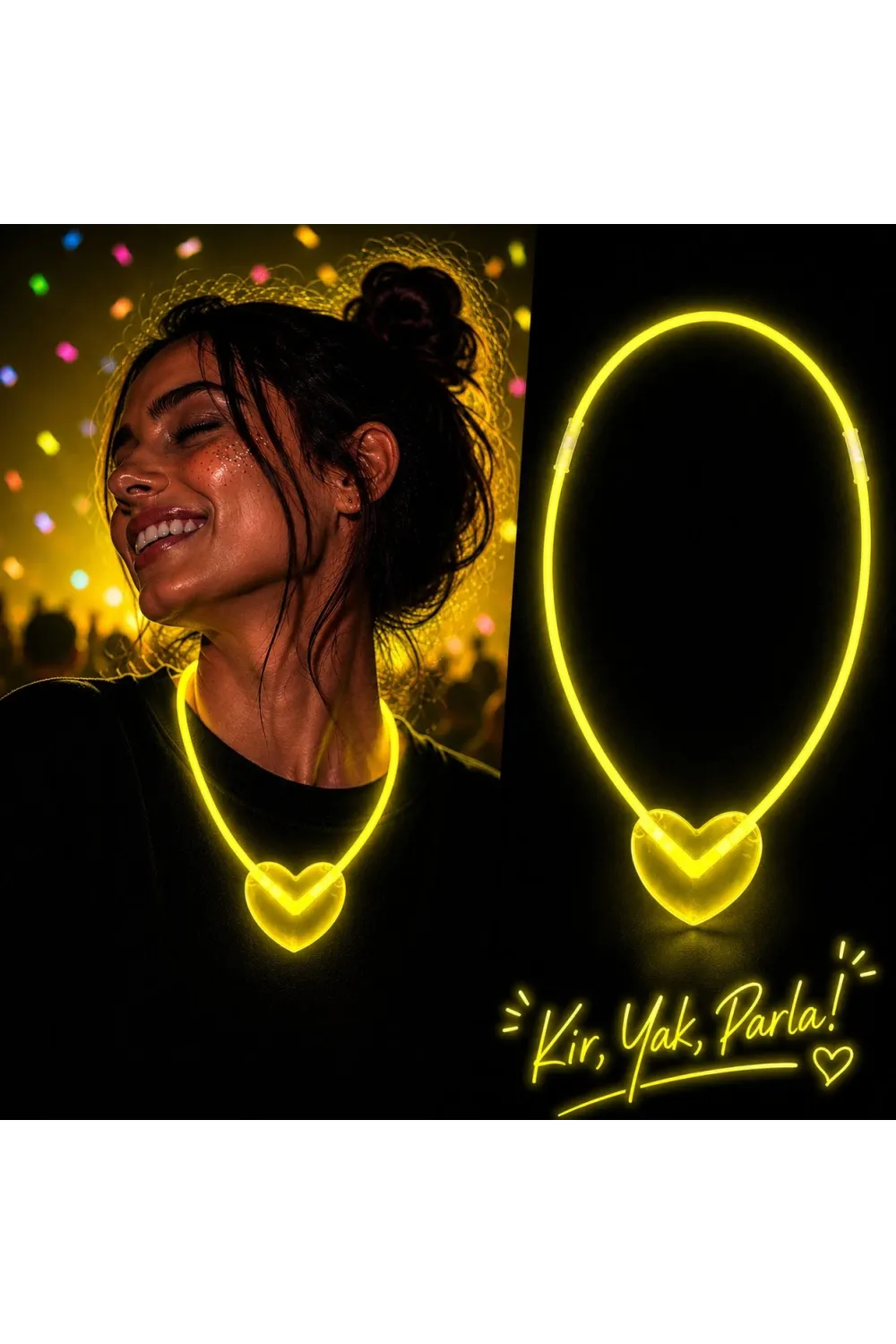 Neon Işıklı Fosforlu Kalp Parti Kolyesi Sarı Renk