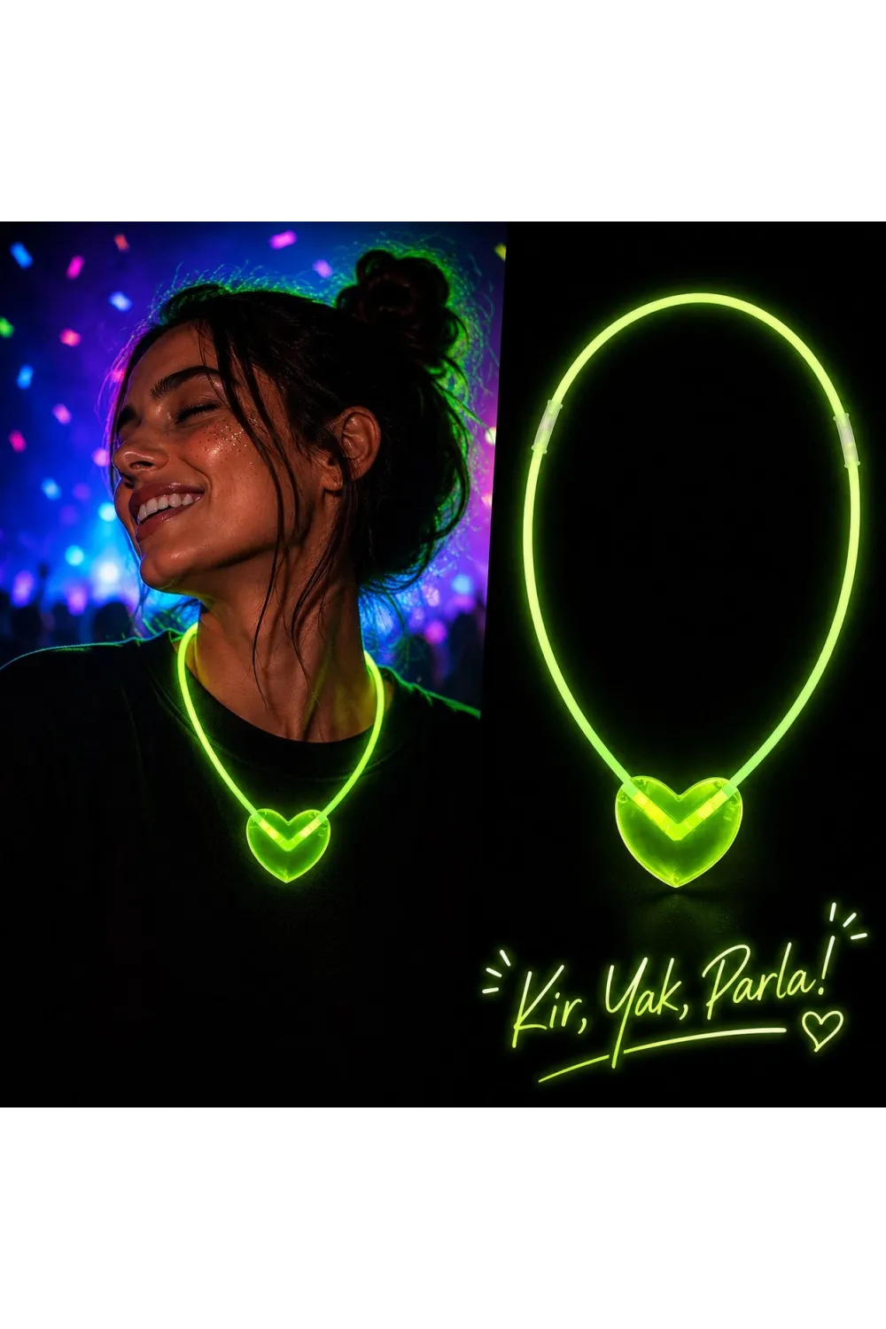 Neon Işıklı Fosforlu Kalp Parti Kolyesi Yeşil Renk