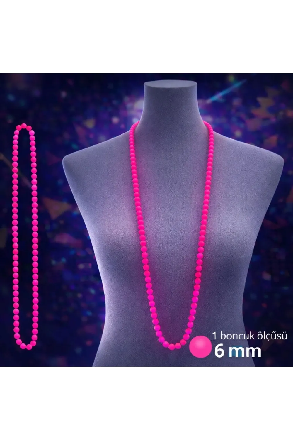 Neon Pembe Boncuk Kolye 80 cm – Retro 80’ler 90’lar Parti Aksesuarı