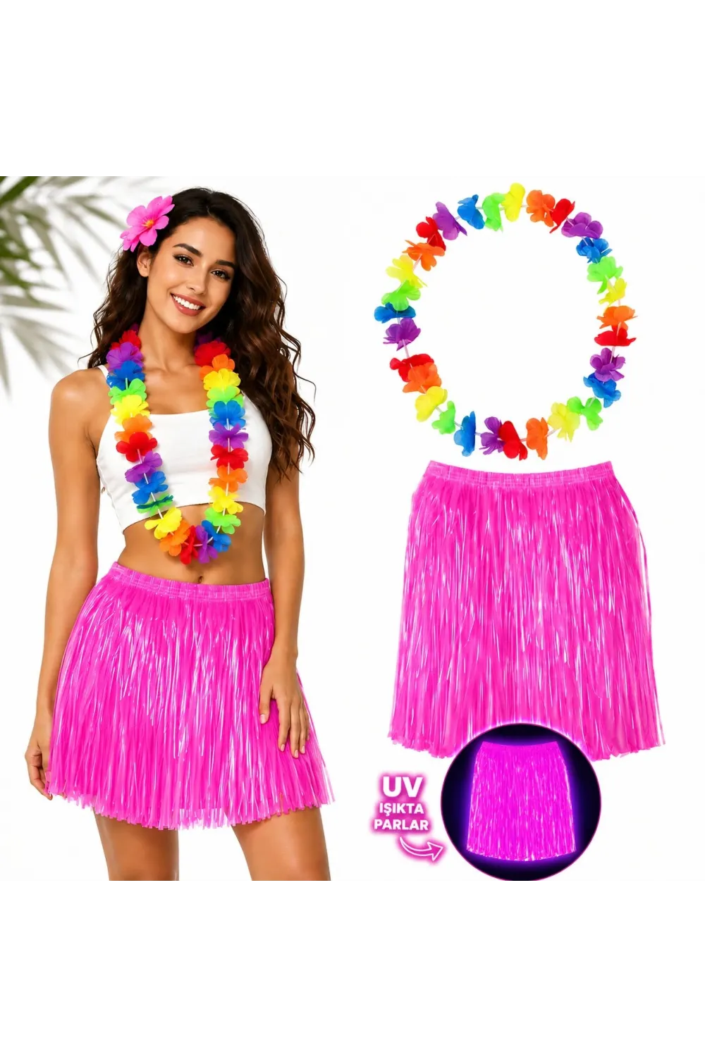 Neon Pembe Hawaii Etek 40 cm ve Rengarenk Hawaii Kolye