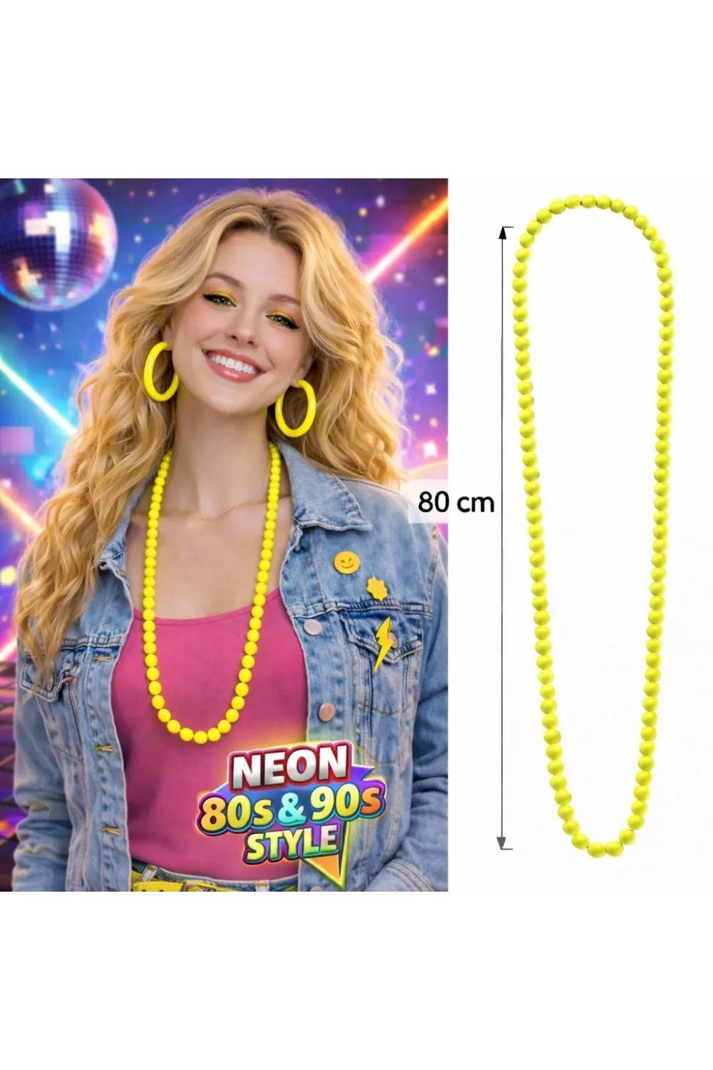 Neon Sarı Boncuk Kolye 80 cm – Retro 80’ler 90’lar Parti Aksesuarı