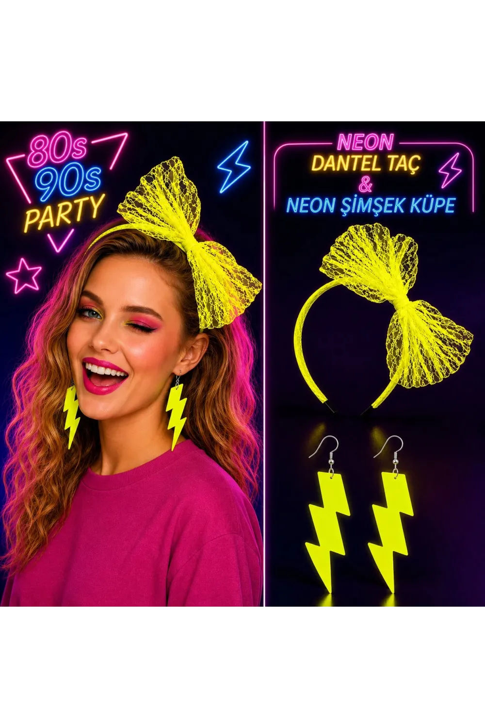 Neon Sarı Dantel Taç ve Şimşek Küpe 80'ler 90'lar Parti Seti