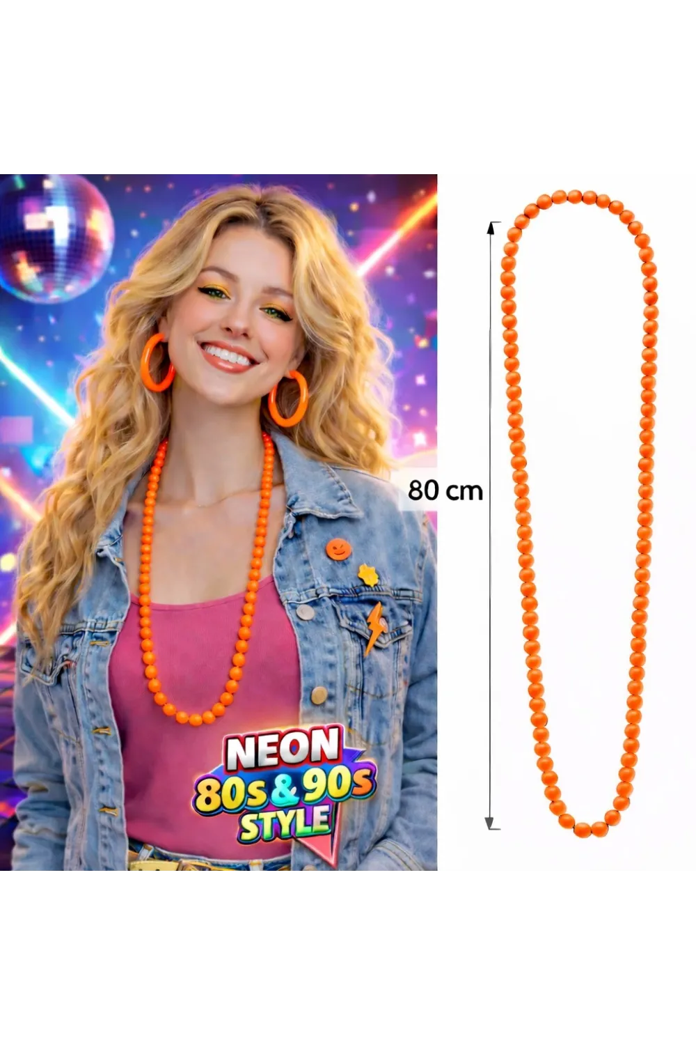 Neon Turuncu Boncuk Kolye 80 cm – Retro 80’ler 90’lar Parti Aksesuarı