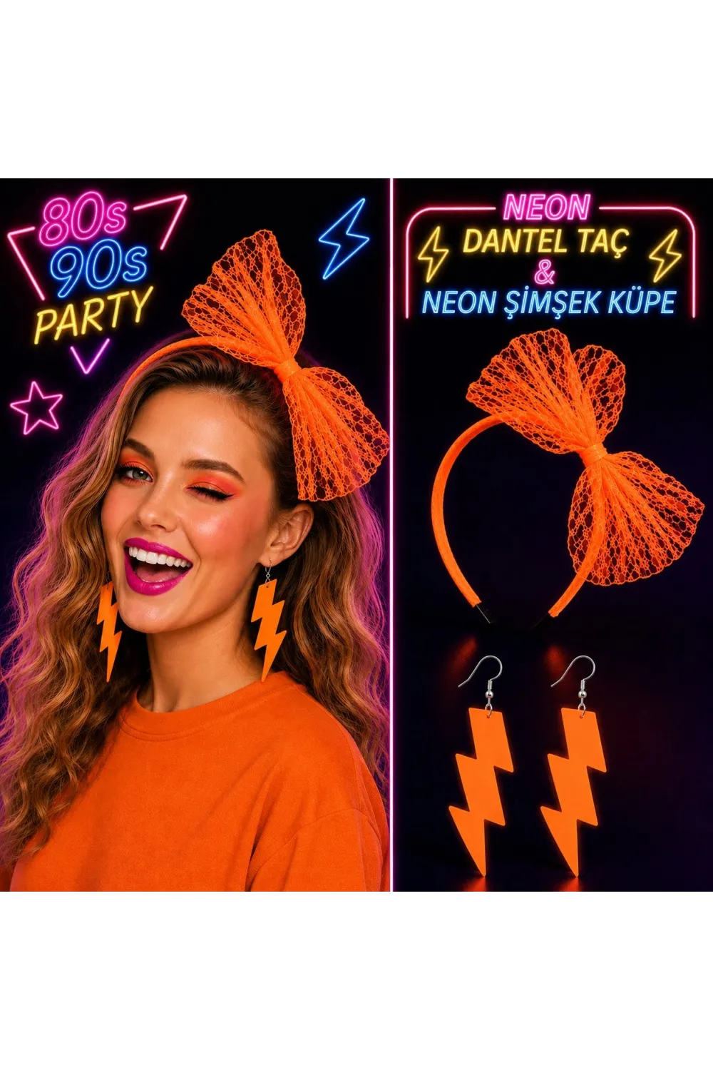 Neon Turuncu Dantel Taç ve Şimşek Küpe 80'ler 90'lar Parti Seti