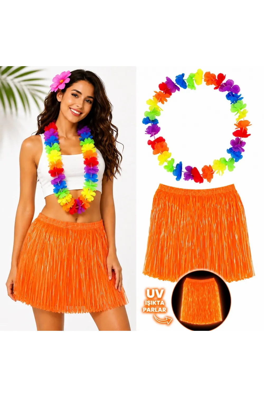 Neon Turuncu Hawaii Etek 40 cm ve Rengarenk Hawaii Kolye