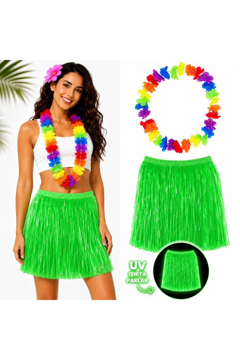 Neon Yeşil Hawaii Etek 40 cm ve Rengarenk Hawaii Kolye