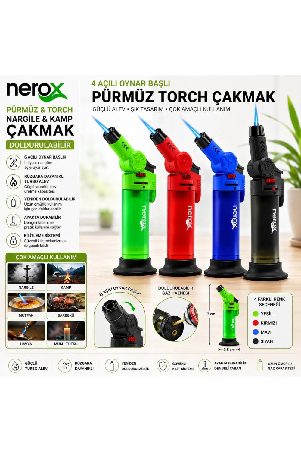 Nerox Nrx-9308 ( Oynar Başlı ) ( Pürmüz & Torch ) ( Nargile & Kamp ) Çakmak ( Doldurulabilir ) ( Ayakda Durabilir )*12x12