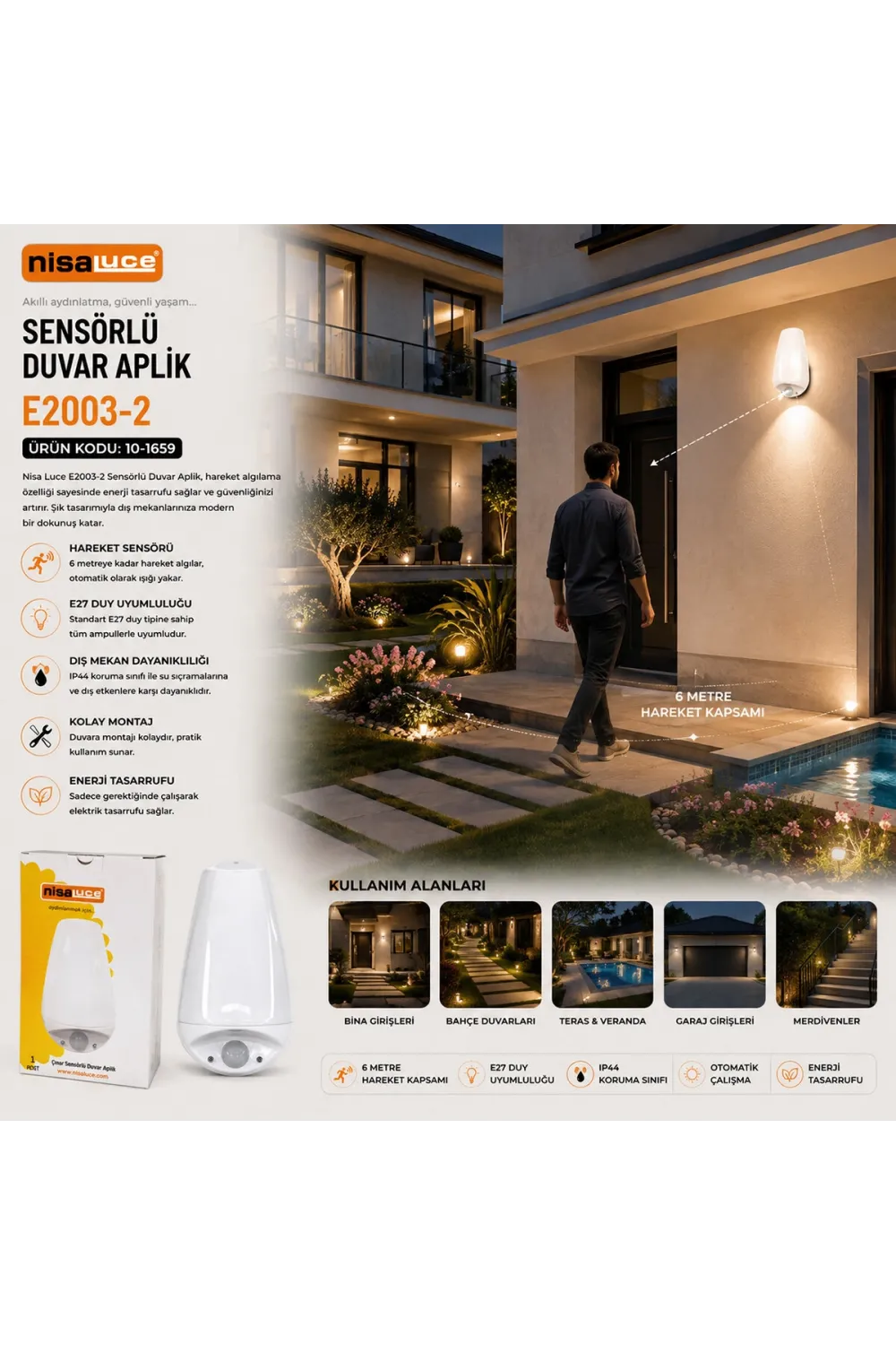 Nisaluce E2003-2 ( E27 & Ip20 ) ( Soft ) ( 0,4w & 50w ) Çınar Sensörlü Led Aplik Duvar Lambası*24