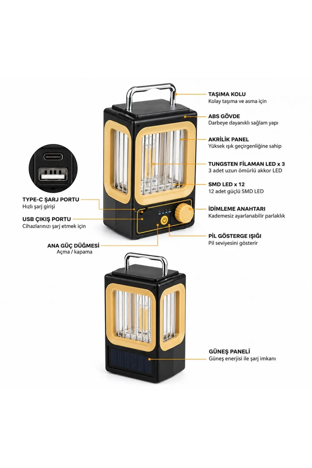 Nostalji Solar Lamba - USB Şarjlı 1500mAh