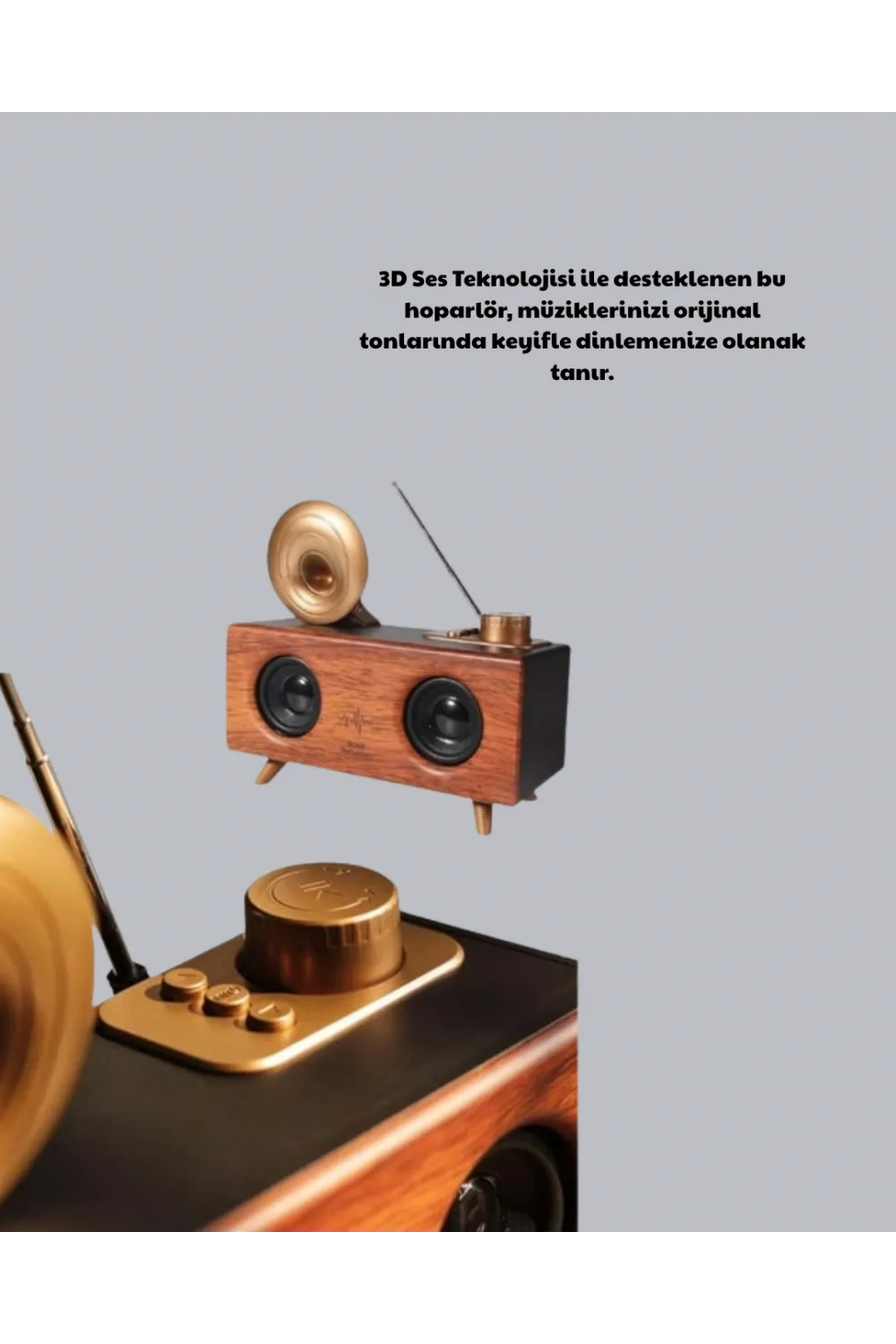 Nostaljik Gramofon Bluetooth Hoparlör – Fm Radyo + Usb + Sd Kart Destekli