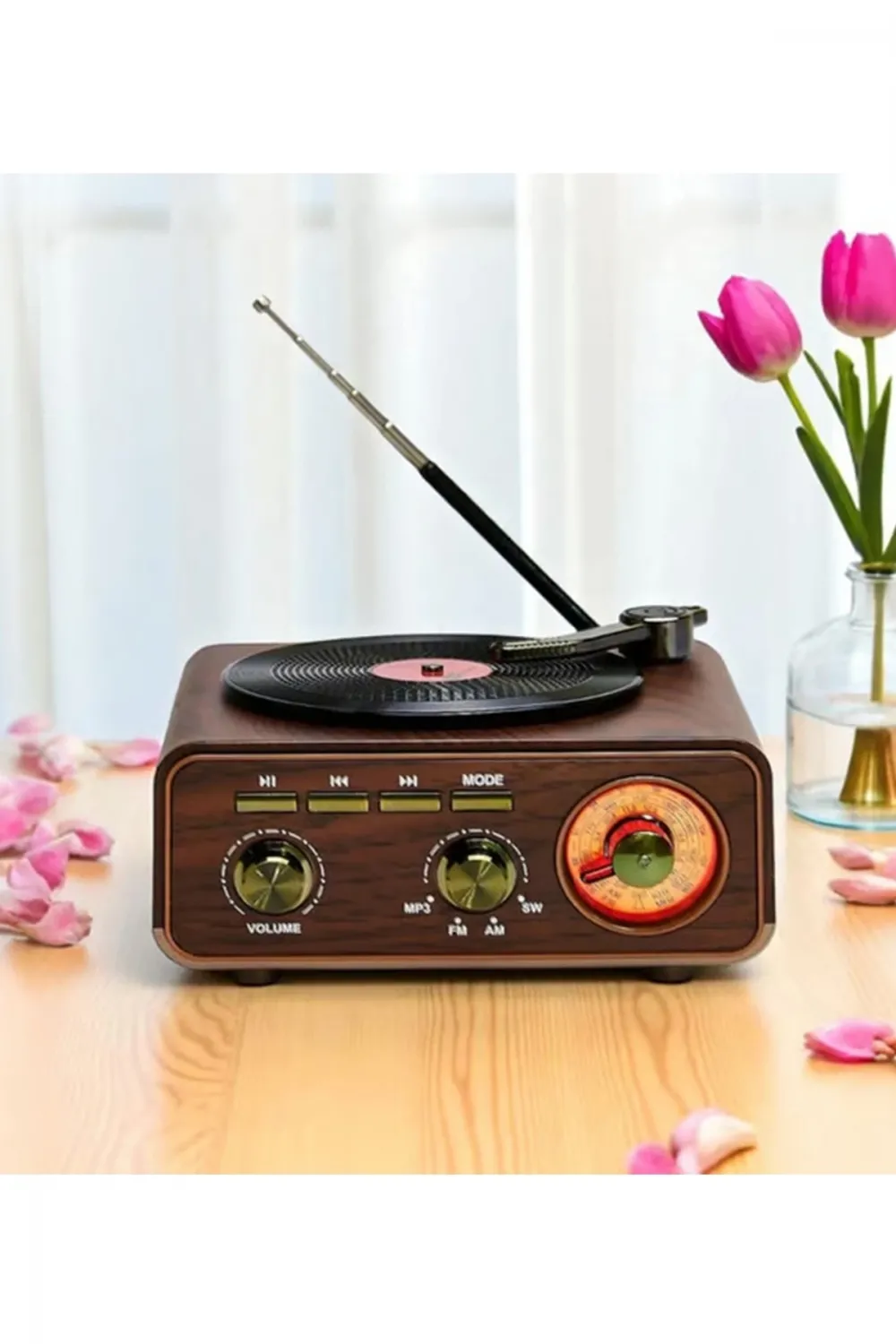 Nostaljik Tasarım Plak Çalar Görünümlü Radyolu Bluetooth Hoparlör Retro Müzik Plak