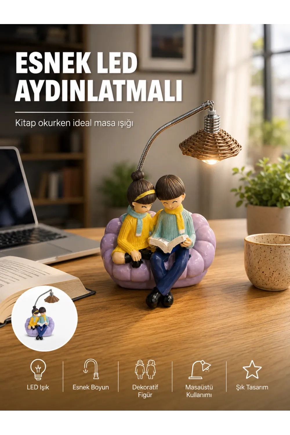 Okuyan Çift Figürlü Dekoratif Gece Lambası Hediye Seçeneği