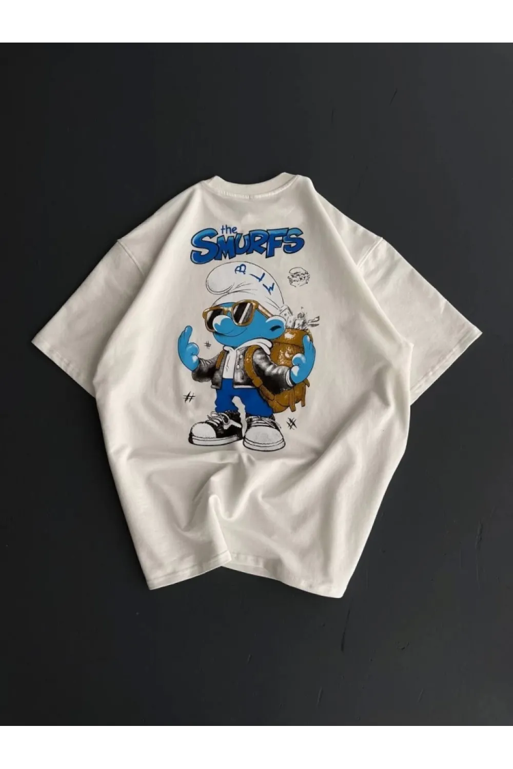Ön Ve Arka Baskılı Oversize Bisiklet Yaka T-shirt- Beyaz