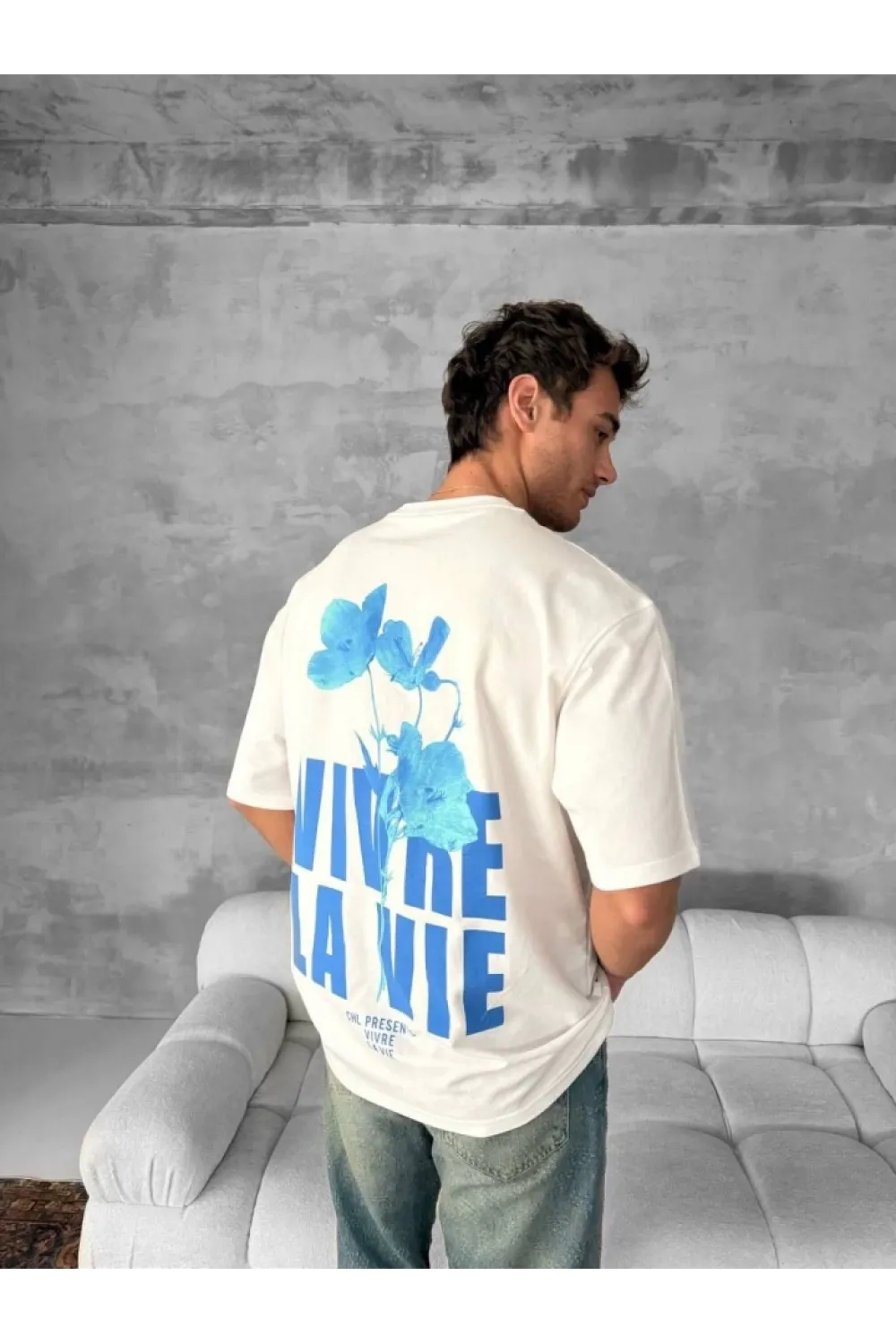 Ön Ve Arka Baskılı Oversize Bisiklet Yaka T-shirt- Beyaz