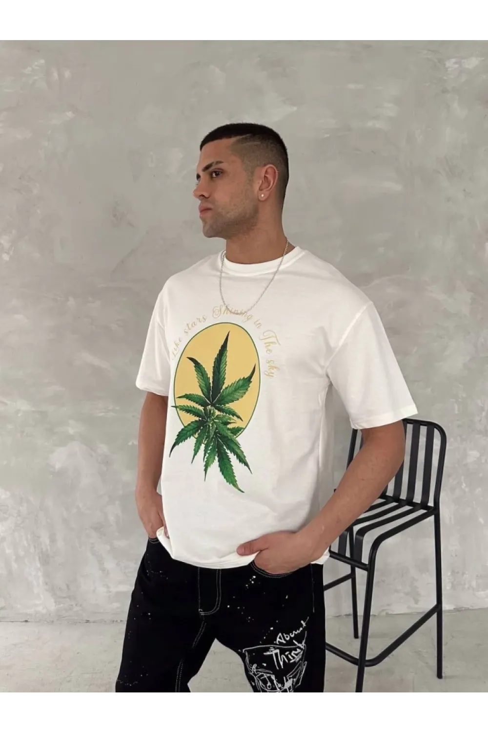 Ön Ve Arka Baskılı Oversize Bisiklet Yaka T-shirt- Beyaz