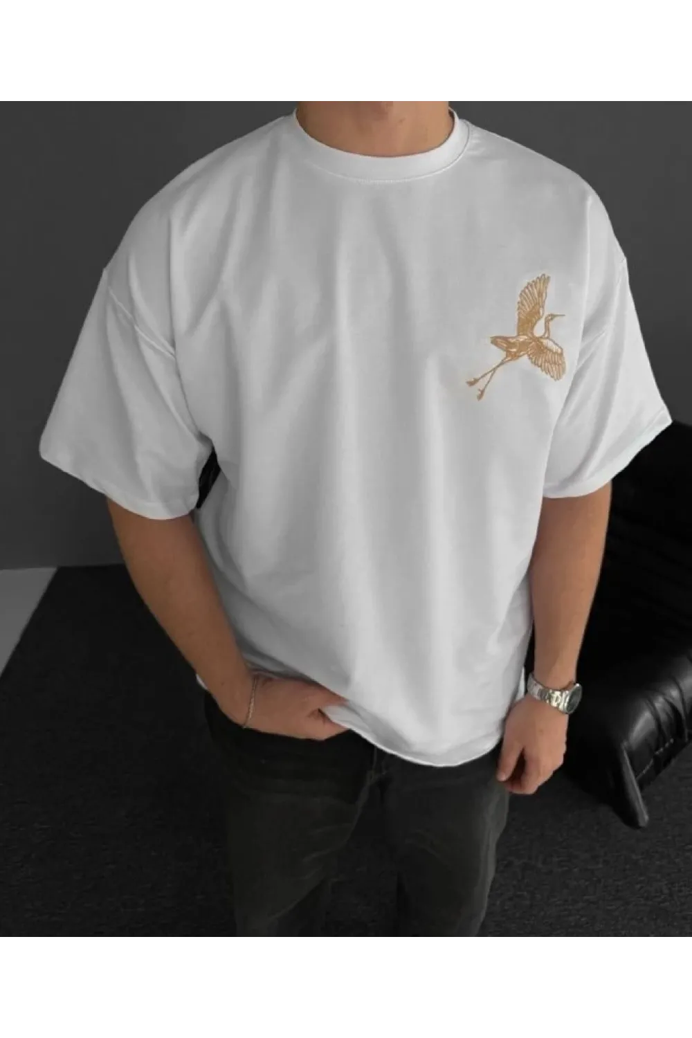Ön Ve Arka Baskılı Oversize Bisiklet Yaka T-shirt - Beyaz