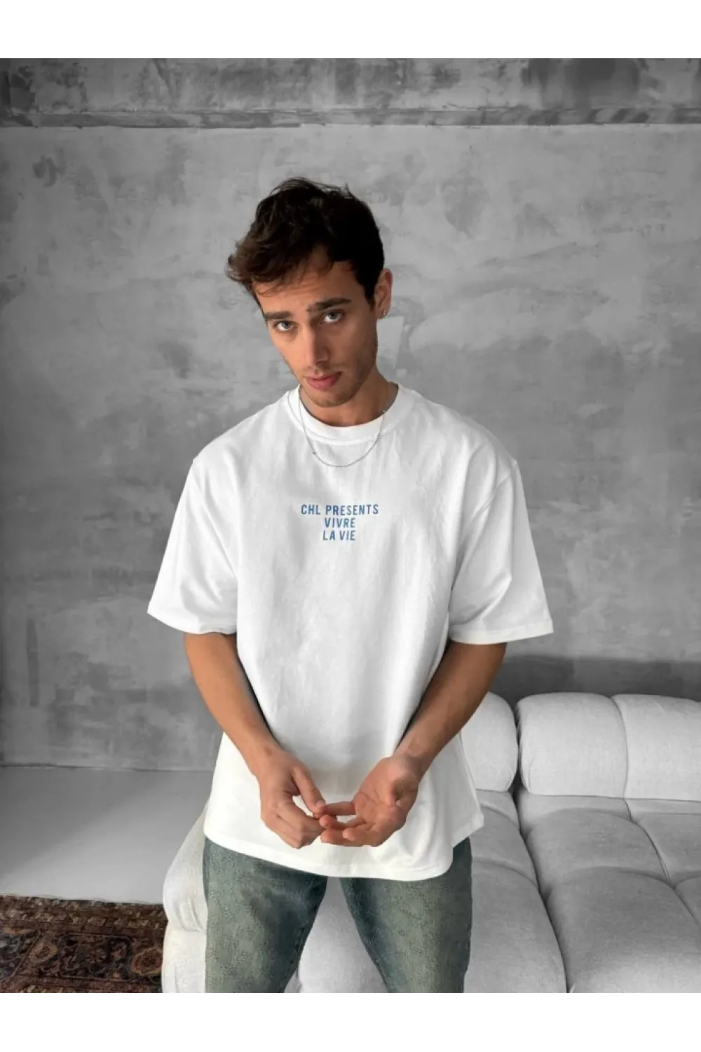 Ön Ve Arka Baskılı Oversize Bisiklet Yaka T-shirt- Beyaz