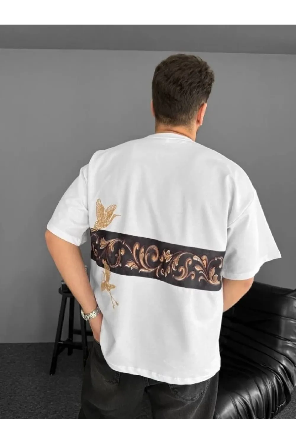 Ön Ve Arka Baskılı Oversize Bisiklet Yaka T-shirt - Beyaz
