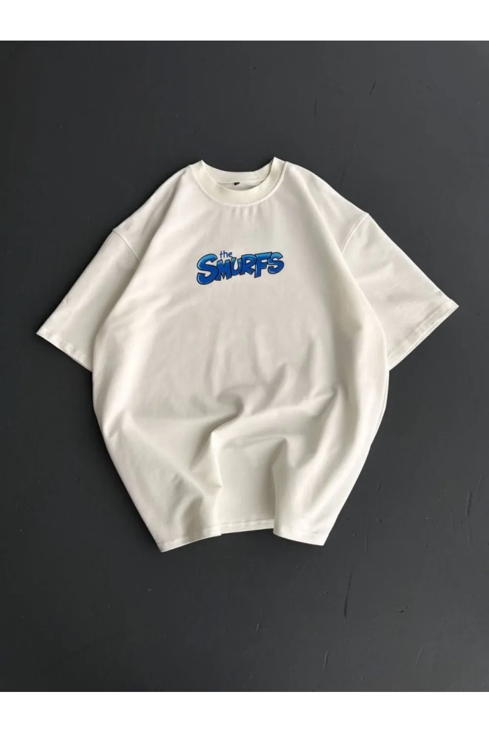 Ön Ve Arka Baskılı Oversize Bisiklet Yaka T-shirt- Beyaz
