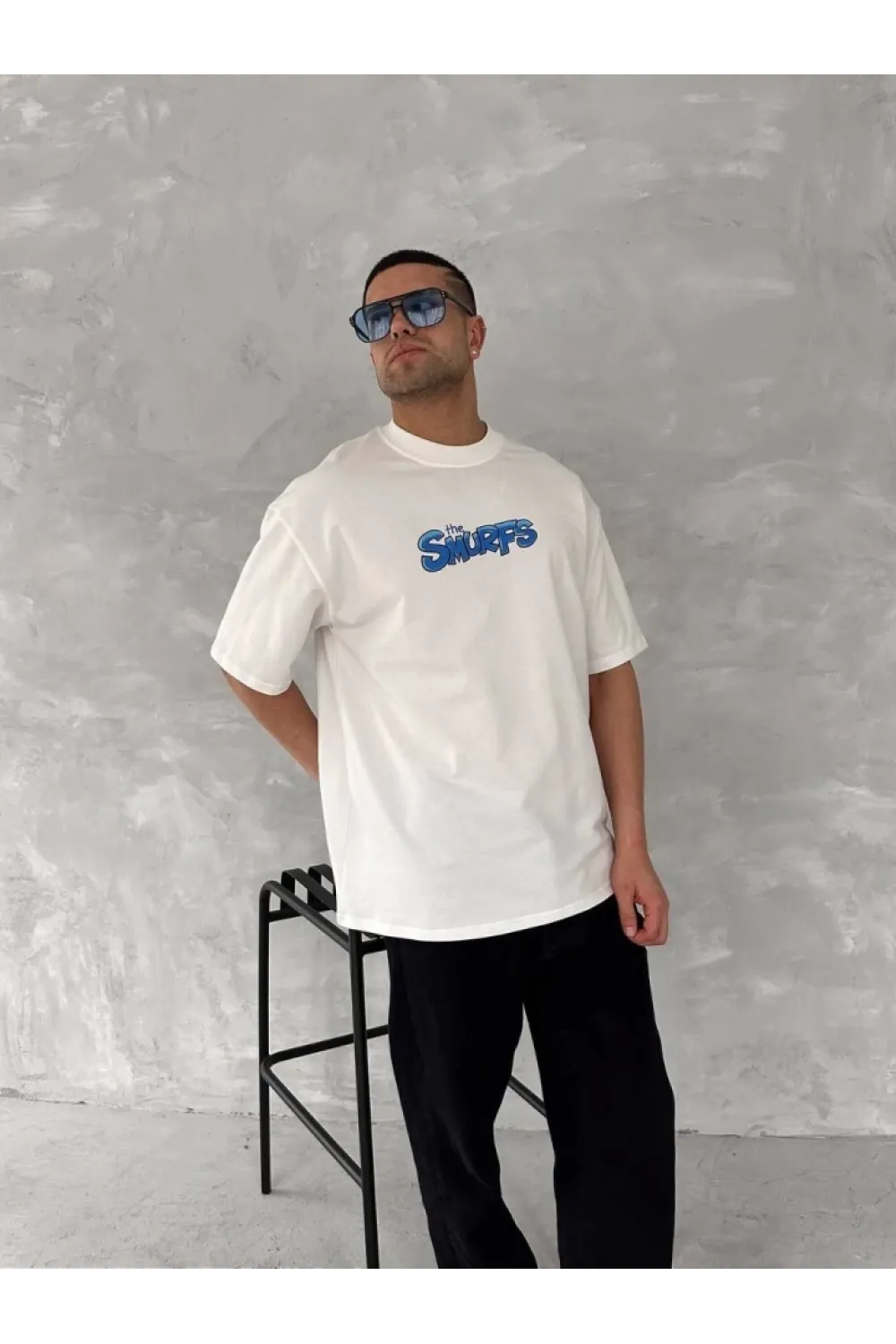 Ön Ve Arka Baskılı Oversize Bisiklet Yaka T-shirt- Beyaz