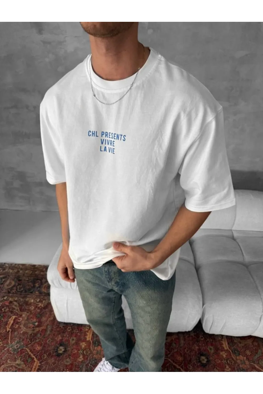 Ön Ve Arka Baskılı Oversize Bisiklet Yaka T-shirt- Beyaz