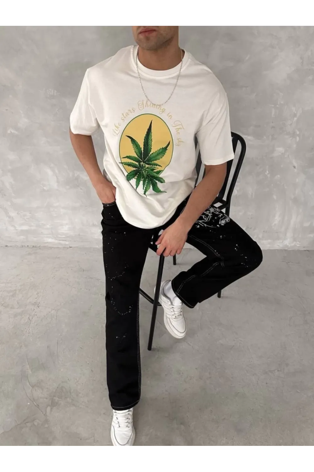Ön Ve Arka Baskılı Oversize Bisiklet Yaka T-shirt- Beyaz