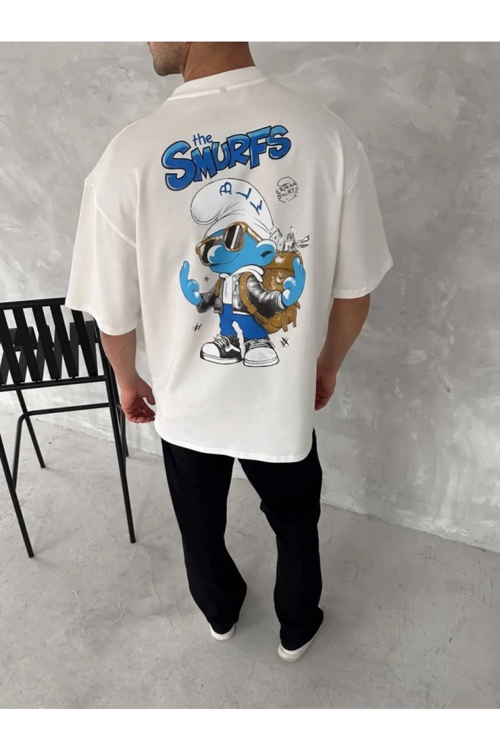 Ön Ve Arka Baskılı Oversize Bisiklet Yaka T-shirt- Beyaz