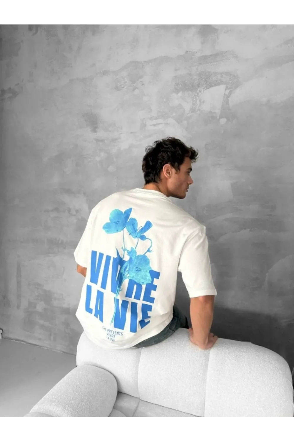Ön Ve Arka Baskılı Oversize Bisiklet Yaka T-shirt- Beyaz