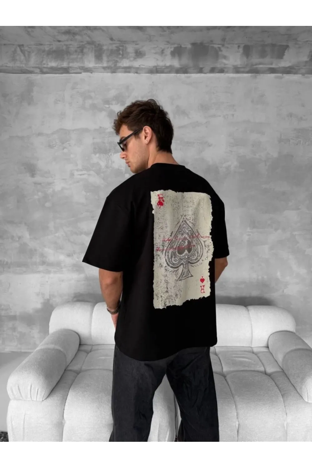 Ön Ve Arka Baskılı Oversize Bisiklet Yaka T-shirt - Siyah