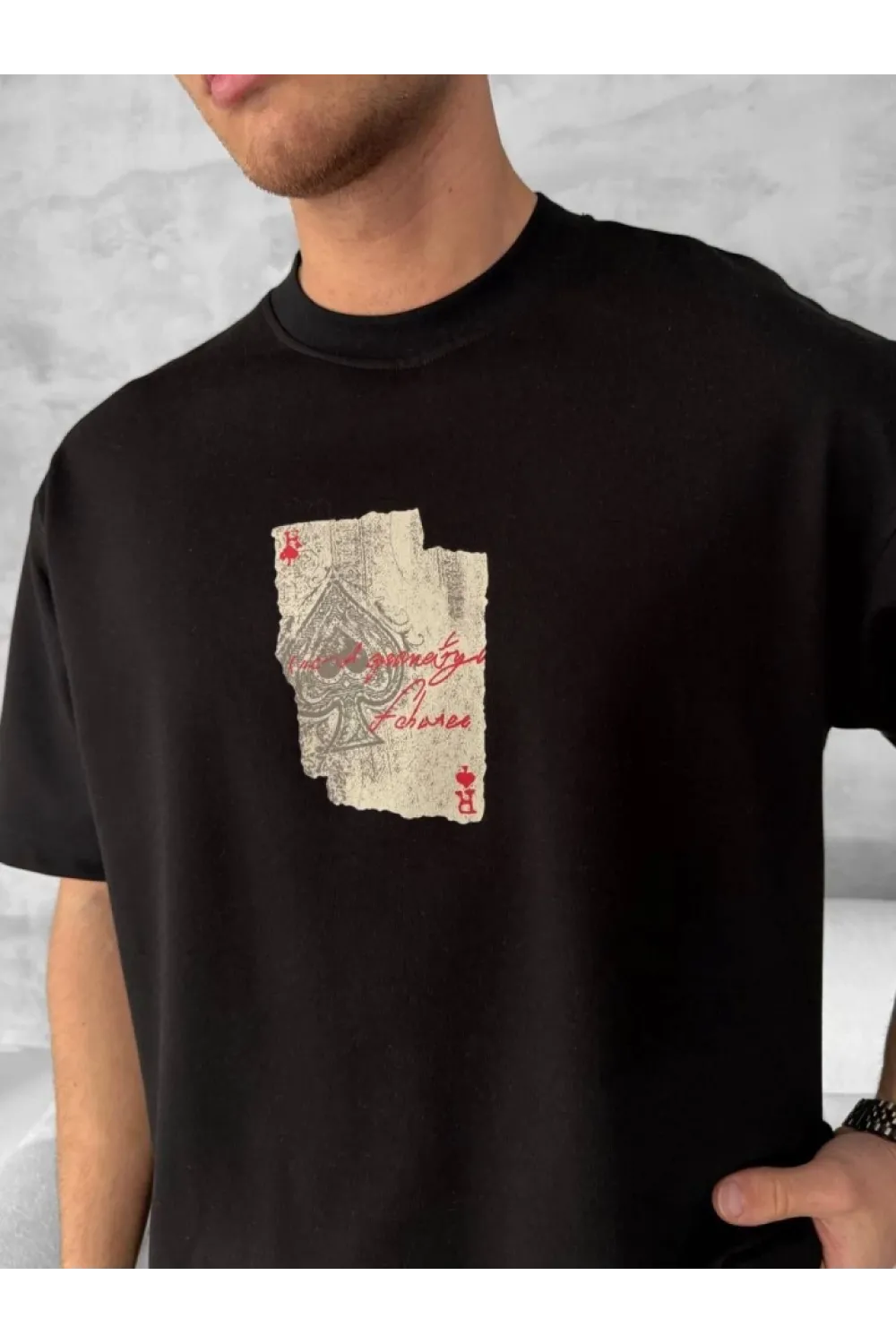 Ön Ve Arka Baskılı Oversize Bisiklet Yaka T-shirt - Siyah