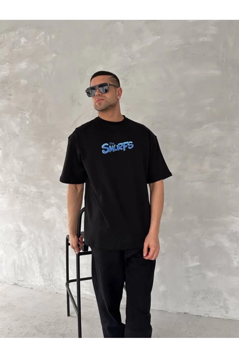 Ön Ve Arka Baskılı Oversize Bisiklet Yaka T-shirt- Siyah