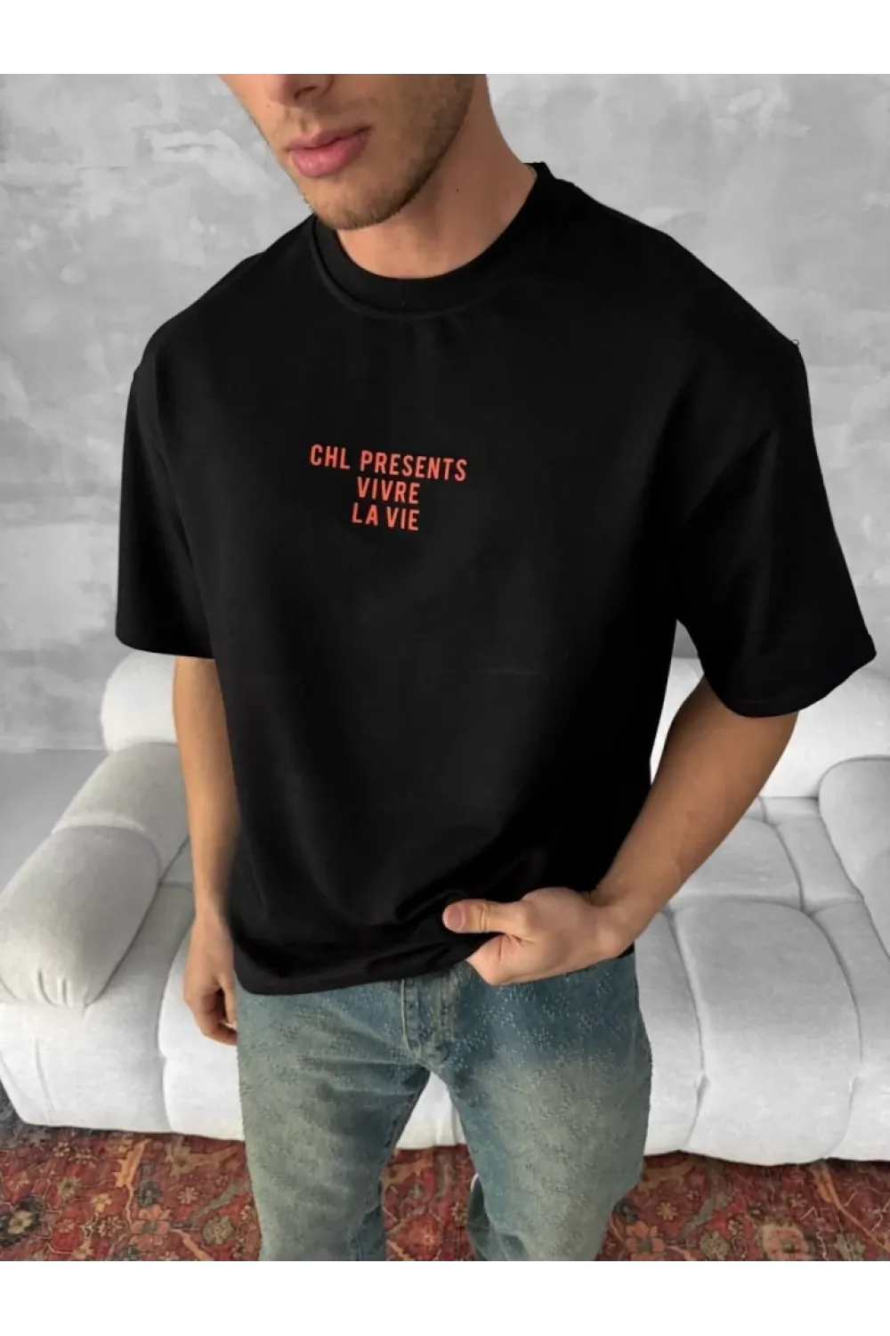 Ön Ve Arka Baskılı Oversize Bisiklet Yaka T-shirt- Siyah