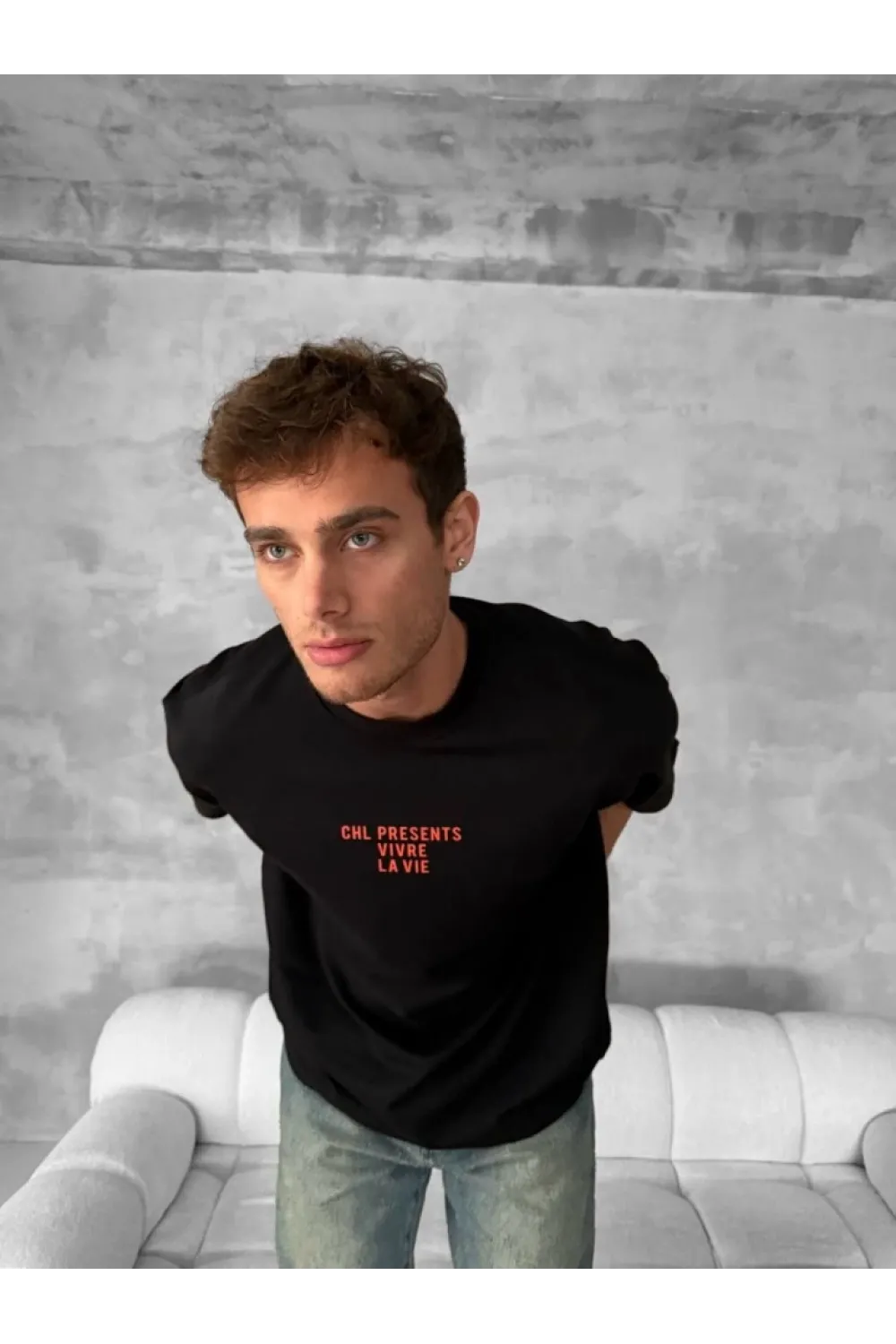 Ön Ve Arka Baskılı Oversize Bisiklet Yaka T-shirt- Siyah