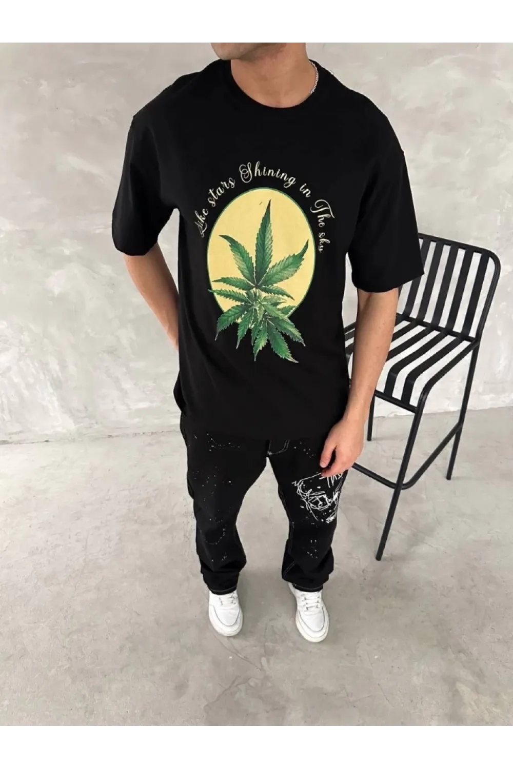 Ön Ve Arka Baskılı Oversize Bisiklet Yaka T-shirt- Siyah