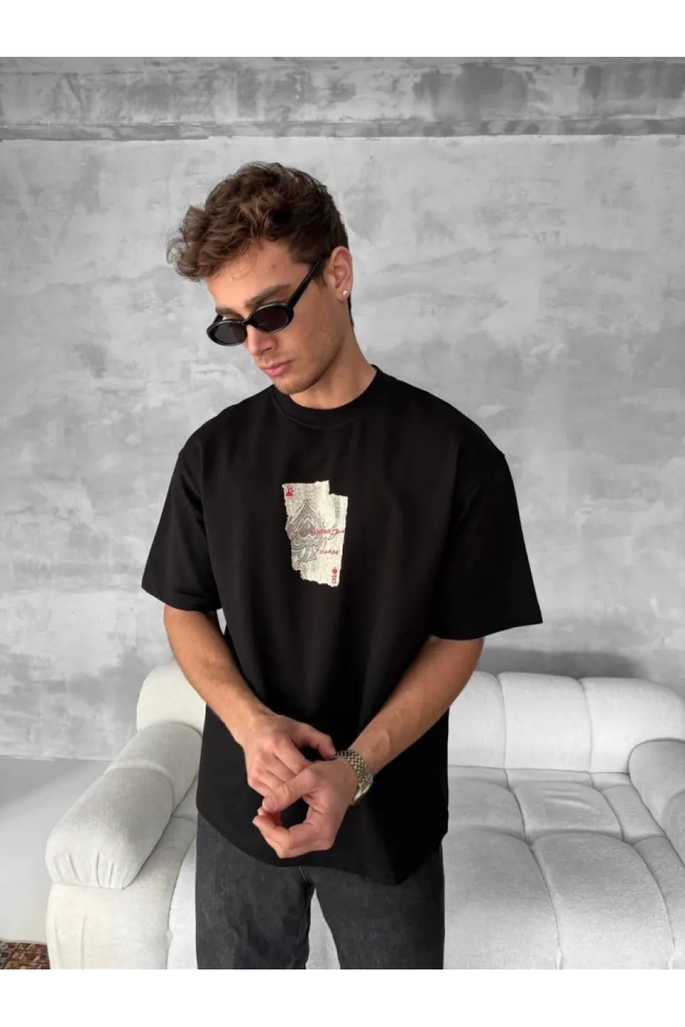 Ön Ve Arka Baskılı Oversize Bisiklet Yaka T-shirt - Siyah