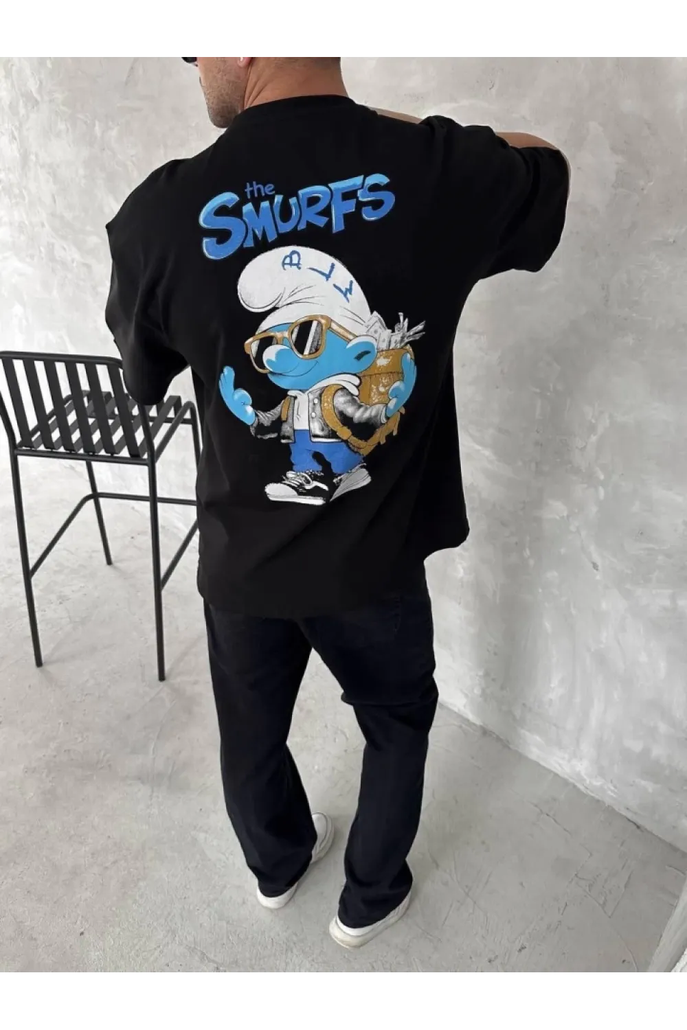 Ön Ve Arka Baskılı Oversize Bisiklet Yaka T-shirt- Siyah