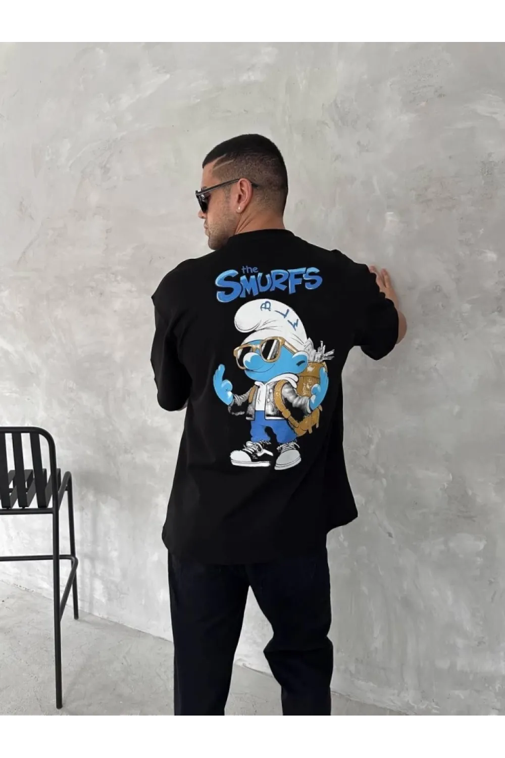 Ön Ve Arka Baskılı Oversize Bisiklet Yaka T-shirt- Siyah