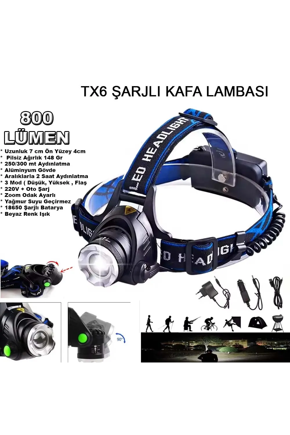Orjinal 800 Lümen Tx6 Şarjlı Zoomlu Kafa Feneri Wt-120