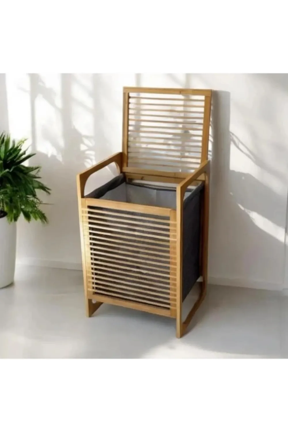 Orta Boy Ahşap Bambu Kirli Sepeti 40x35x60