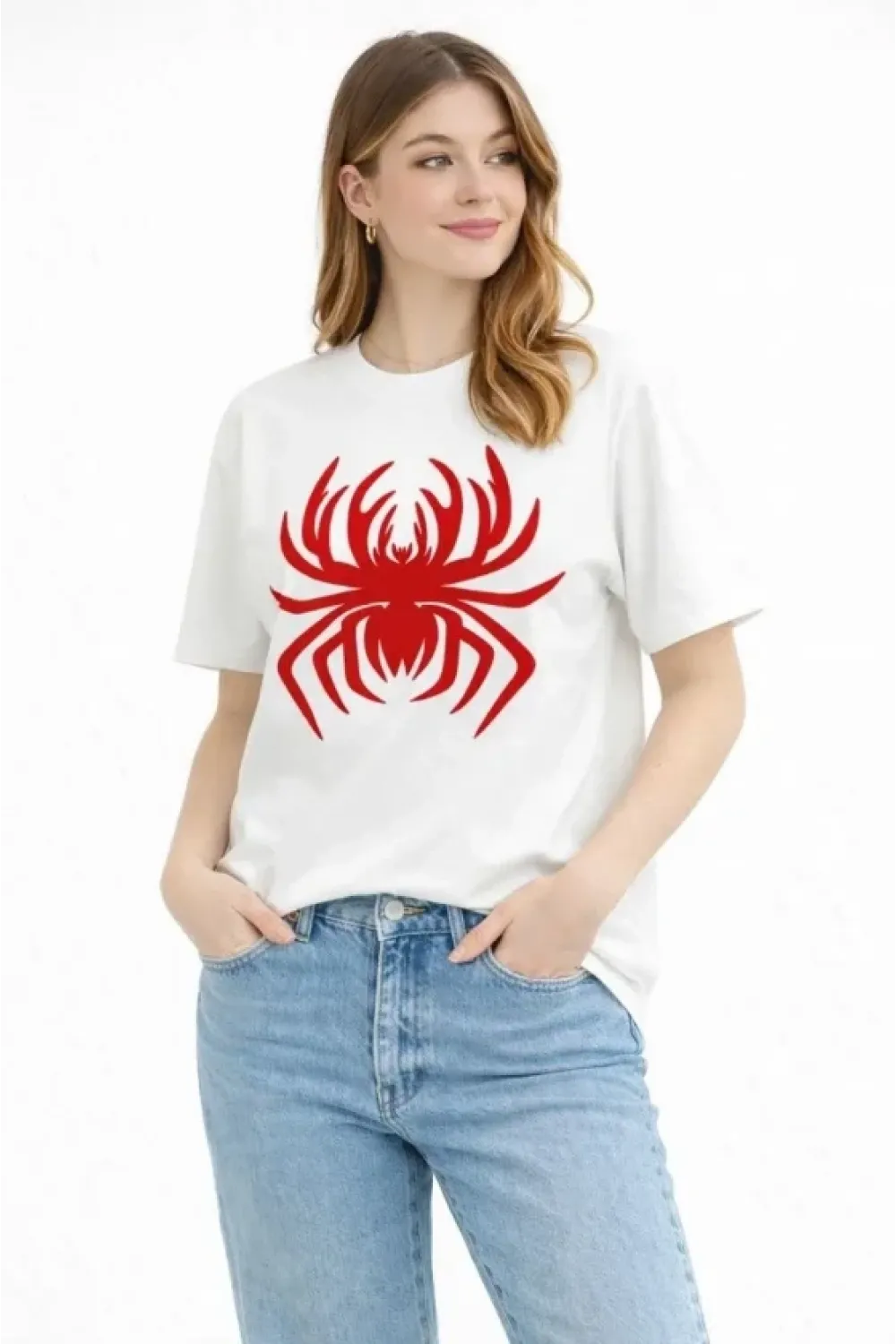 Örümcek Baskılı Tişört Kısa Kollu Bisiklet Yaka T-Shirt - Beyaz
