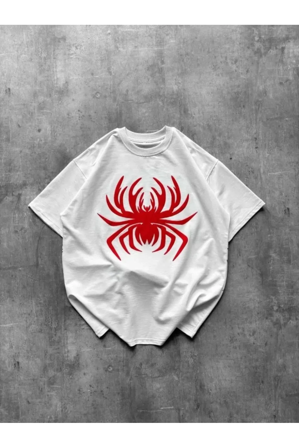 Örümcek Baskılı Tişört Kısa Kollu Bisiklet Yaka T-Shirt - Beyaz