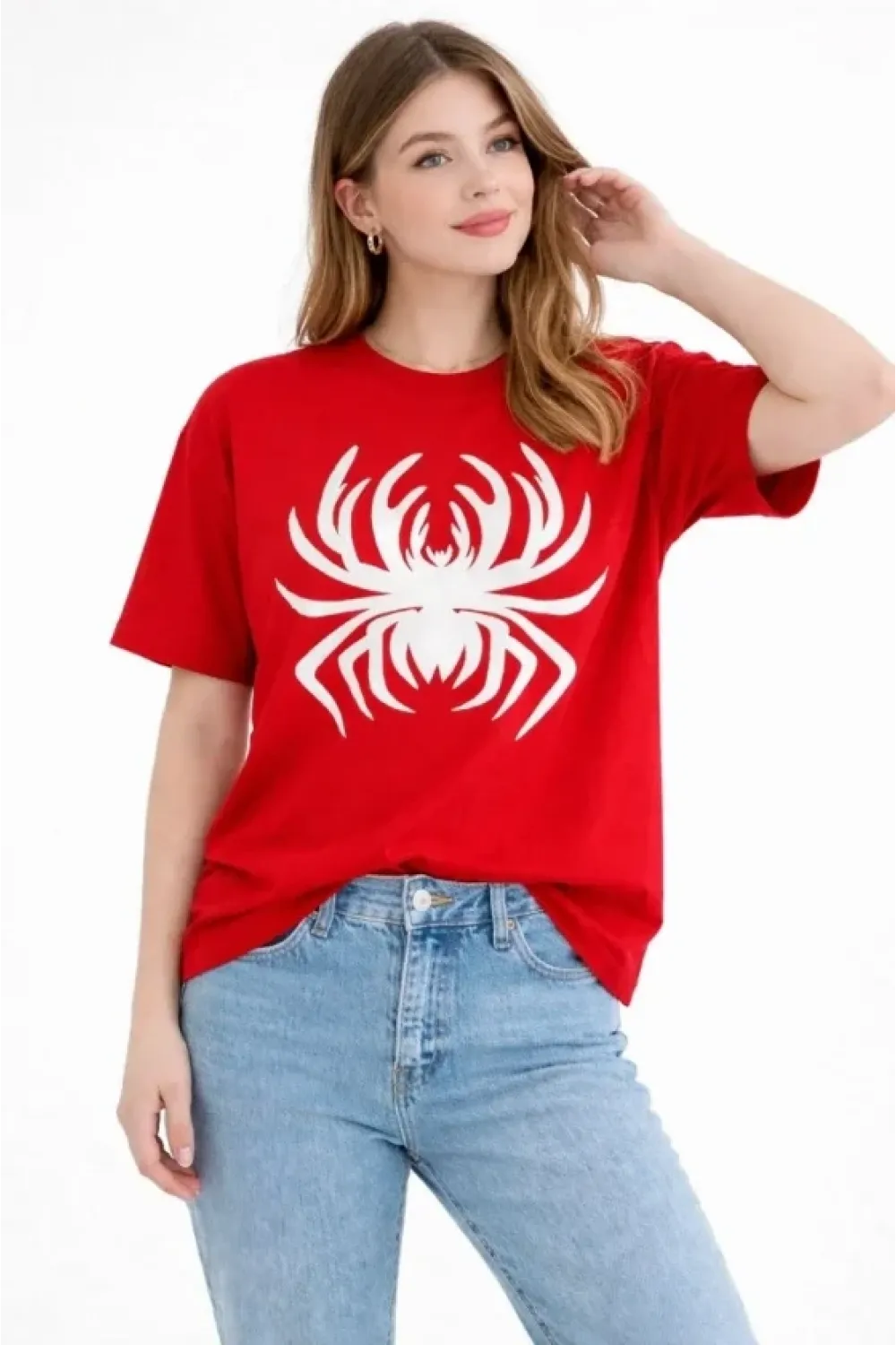 Örümcek Baskılı Tişört Kısa Kollu Bisiklet Yaka T-Shirt - Kırmızı