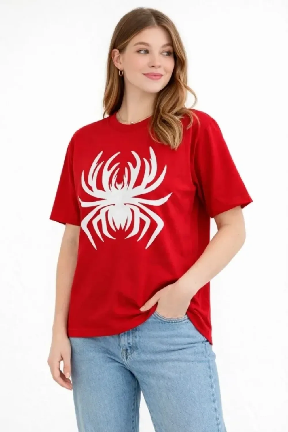 Örümcek Baskılı Tişört Kısa Kollu Bisiklet Yaka T-Shirt - Kırmızı
