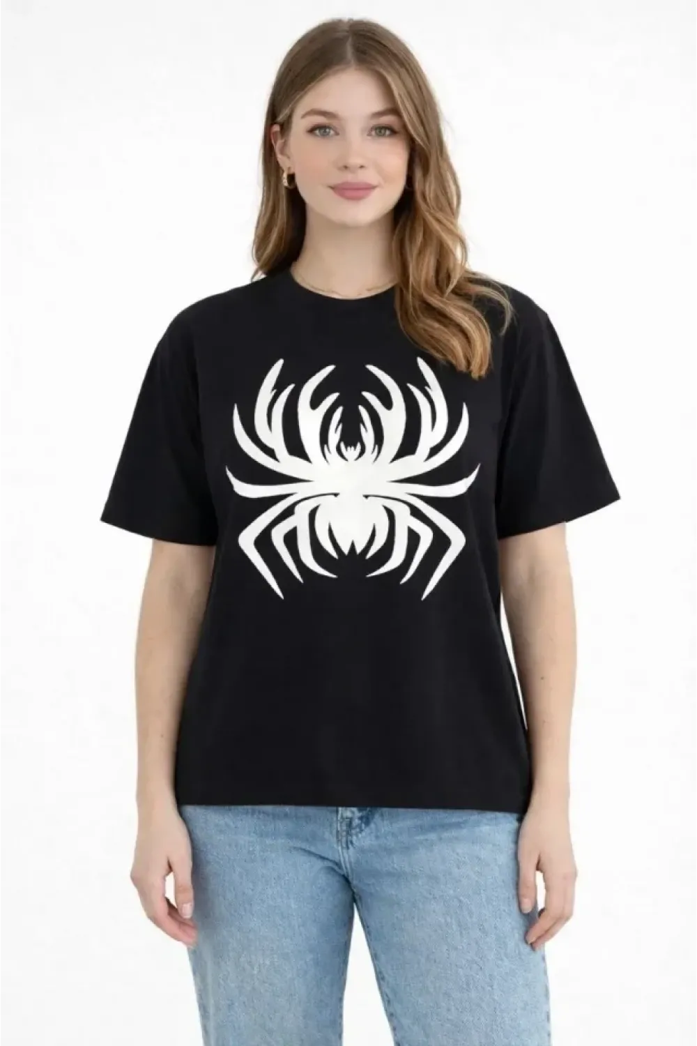 Örümcek Baskılı Tişört Kısa Kollu Bisiklet Yaka T-Shirt - Siyah